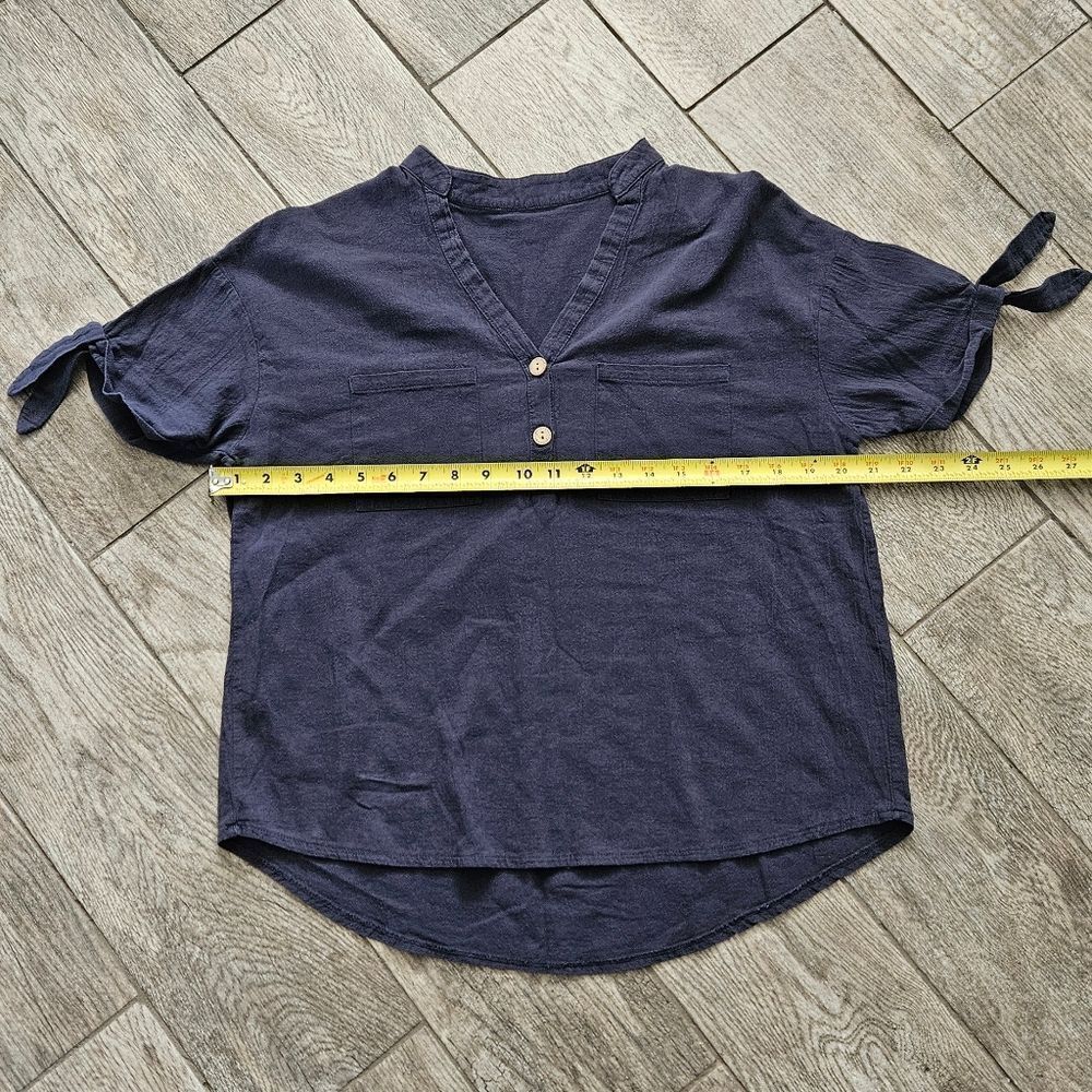 Navy Blue Linen Blend Short Sleeve Shirt - Picture 3 of 7